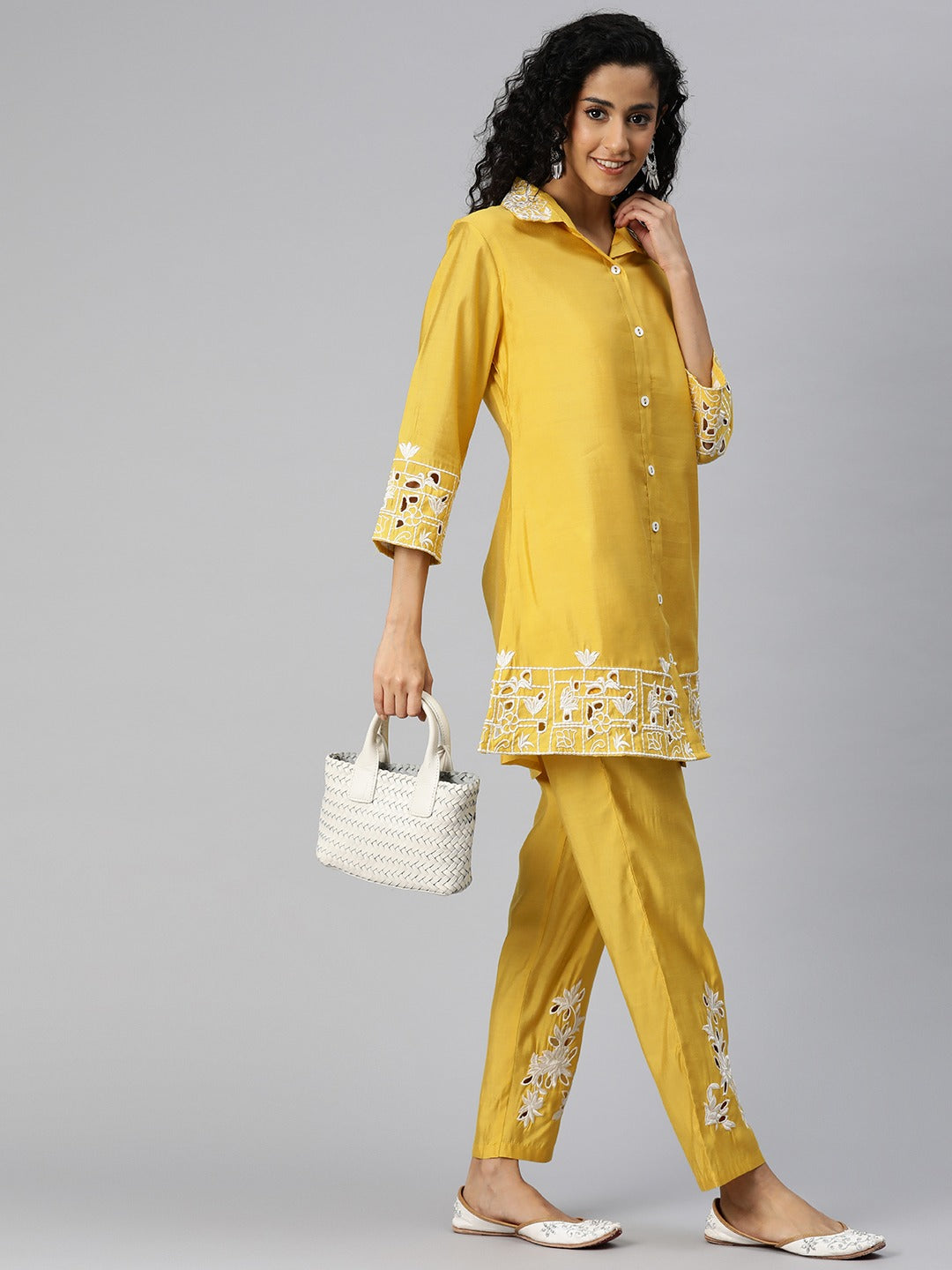 Shirt Style Silk Fabric Yellow Color Kurta And Bottom