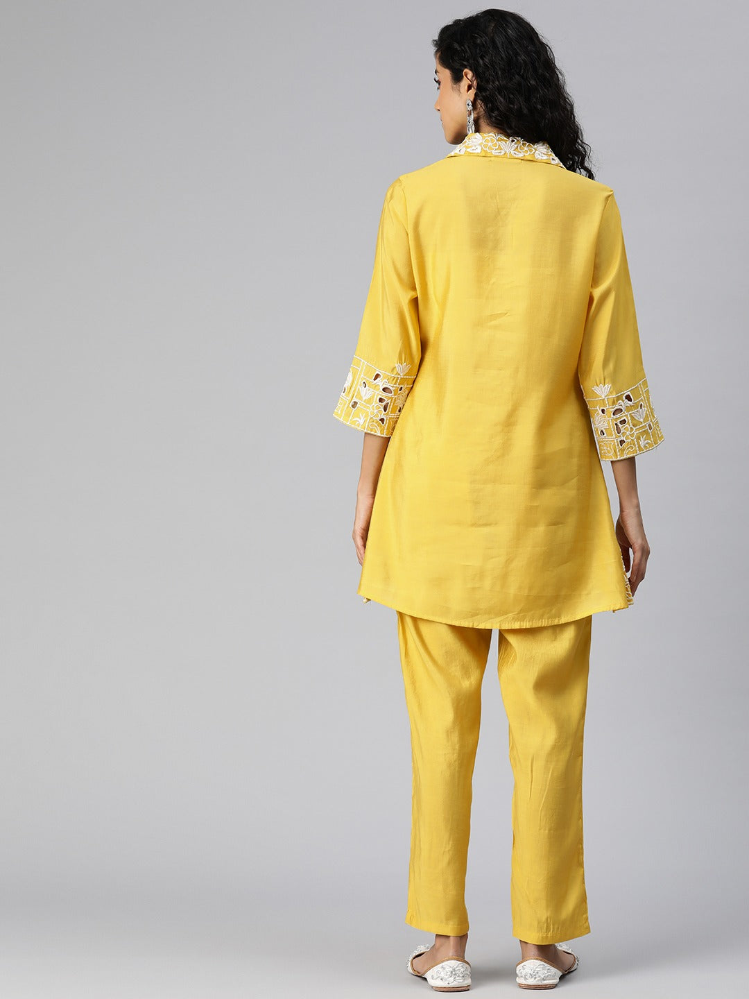 Shirt Style Silk Fabric Yellow Color Kurta And Bottom