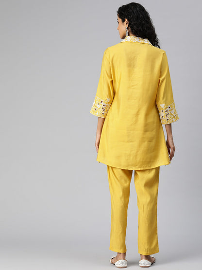 Shirt Style Silk Fabric Yellow Color Kurta And Bottom