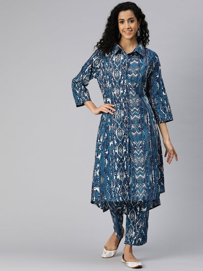 A Line Style Cotton Fabric Blue Color Kurta And Bottom