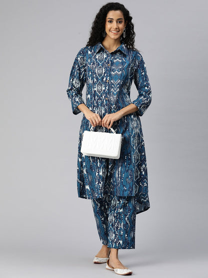 A Line Style Cotton Fabric Blue Color Kurta And Bottom
