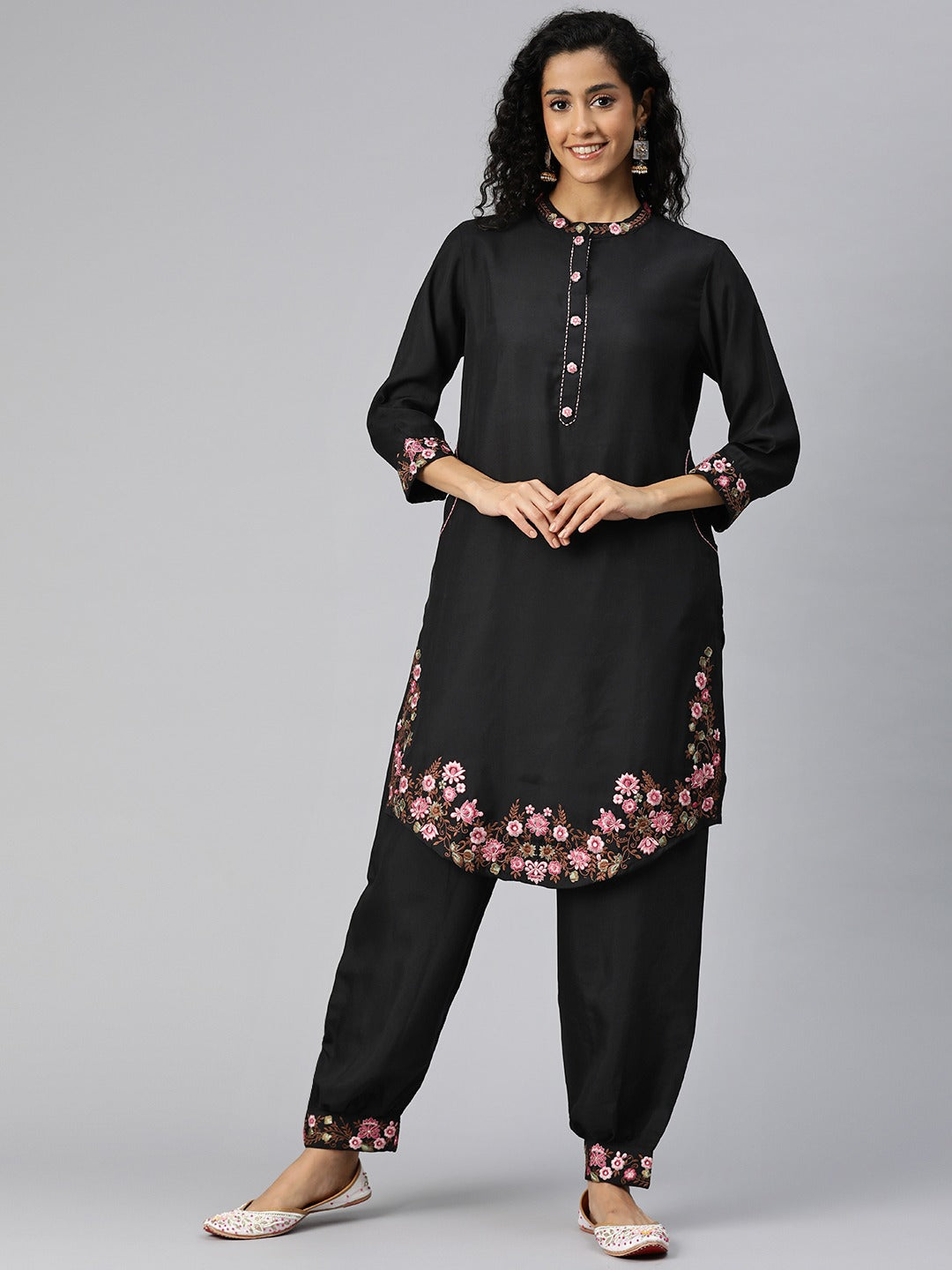 Straight Style Silk Fabric Black Color Kurta And Bottom