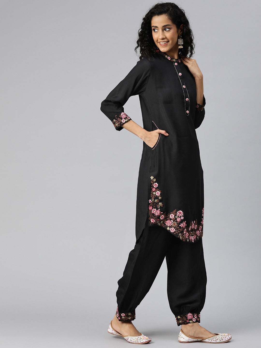 Straight Style Silk Fabric Black Color Kurta And Bottom