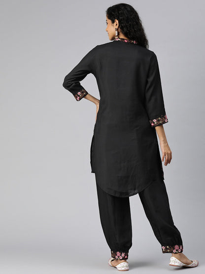 Straight Style Silk Fabric Black Color Kurta And Bottom