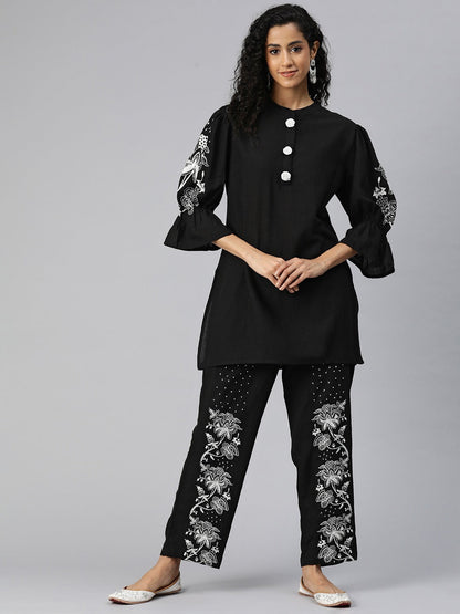 A Line Style Cotton Fabric Black Color Kurta And Bottom