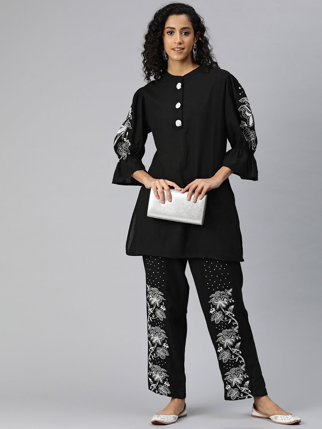 A Line Style Cotton Fabric Black Color Kurta And Bottom