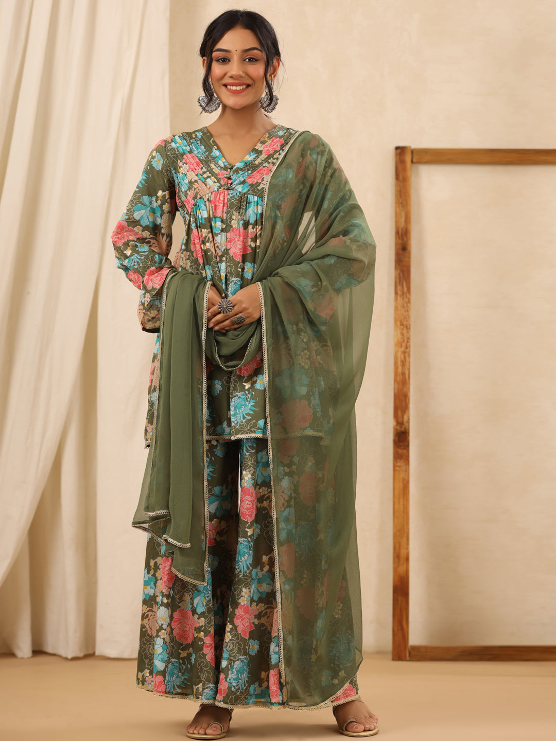 Flared Style Cotton Fabric Green Color Kurta And Bottom With Dupatta