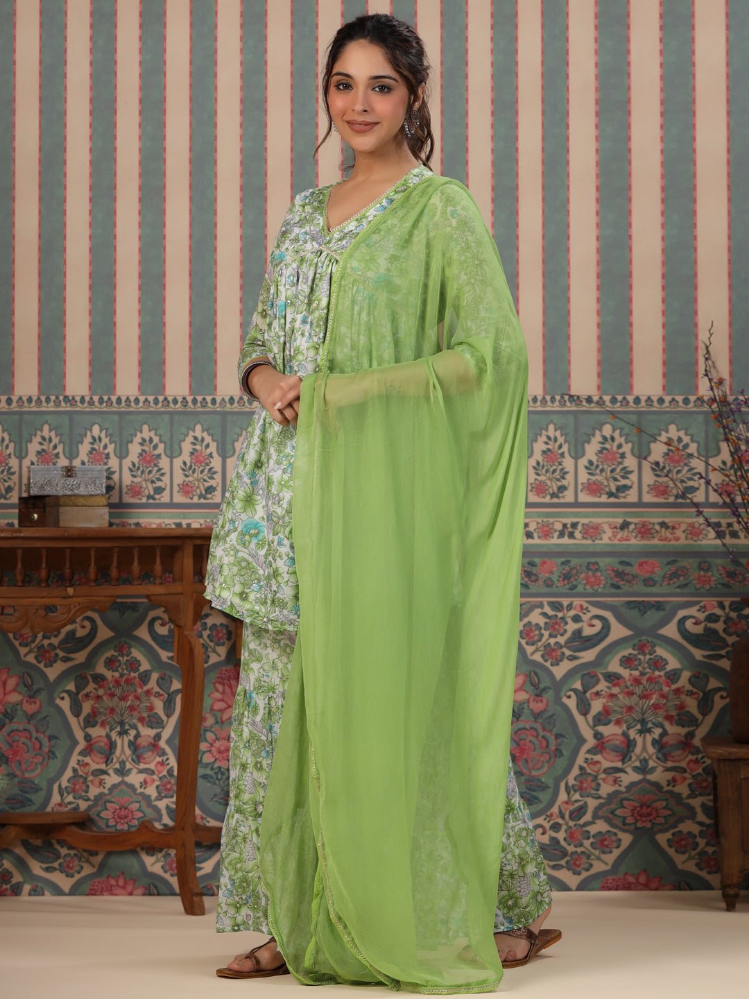 Flared Style Mulmul Cotton Fabric Green Color Kurta And Sharara With Dupatta