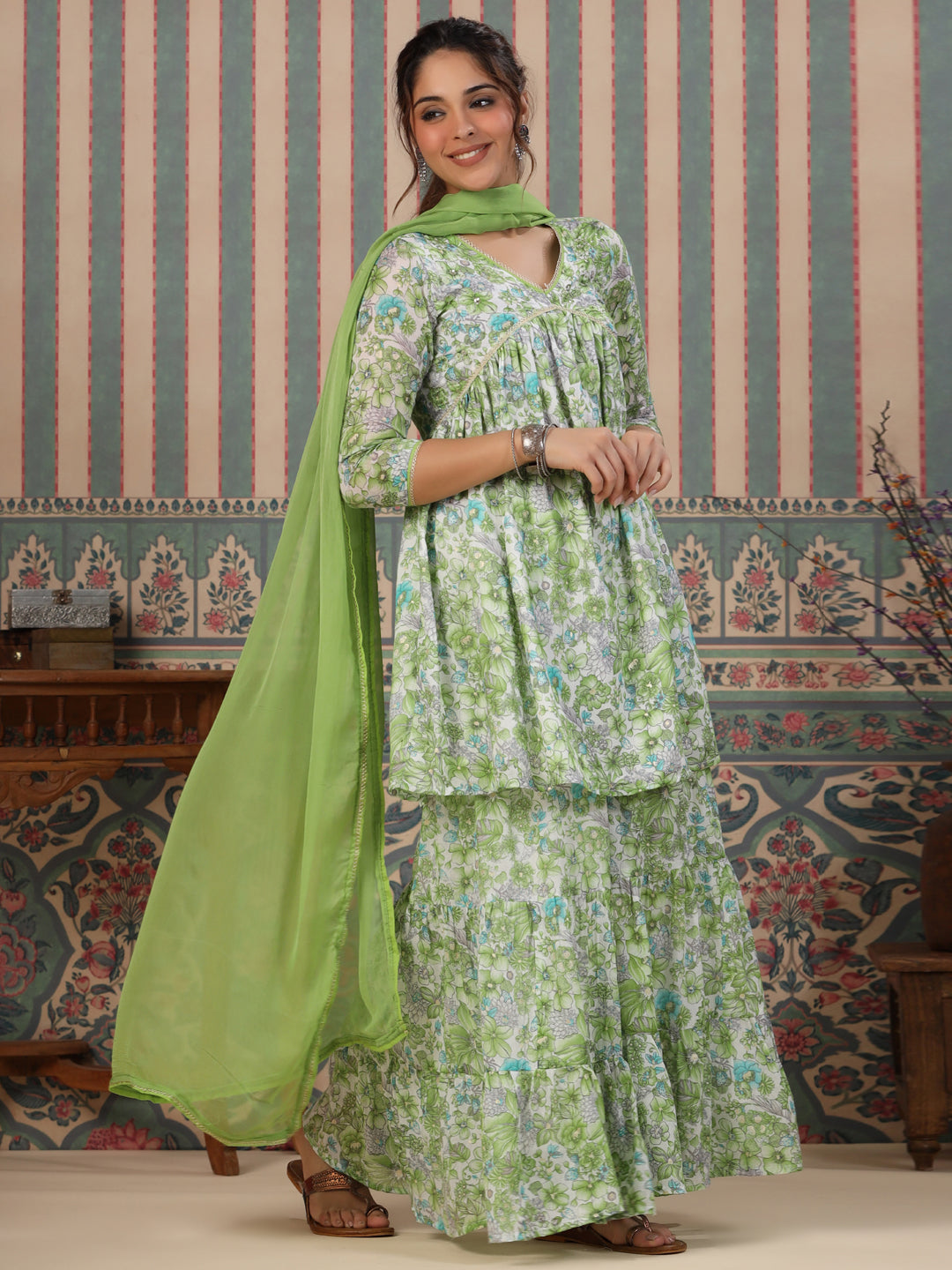 Flared Style Mulmul Cotton Fabric Green Color Kurta And Sharara With Dupatta