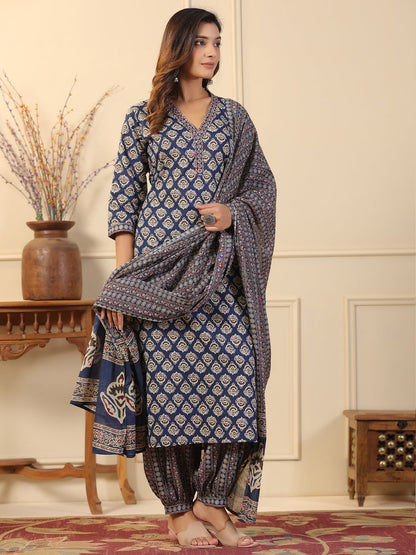 Straight Style Cotton Fabric Blue Color Kurta And Bottom With Dupatta