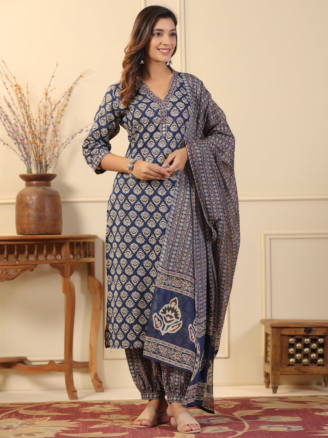 Straight Style Cotton Fabric Blue Color Kurta And Bottom With Dupatta