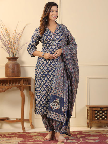 Straight Style Cotton Fabric Blue Color Kurta And Bottom With Dupatta