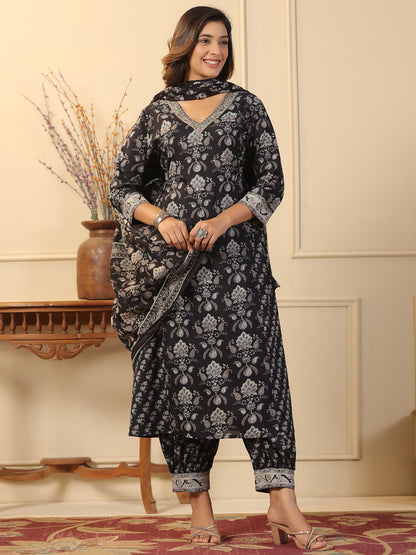 Straight Style Cotton Fabric Black Color Kurta And Bottom With Dupatta