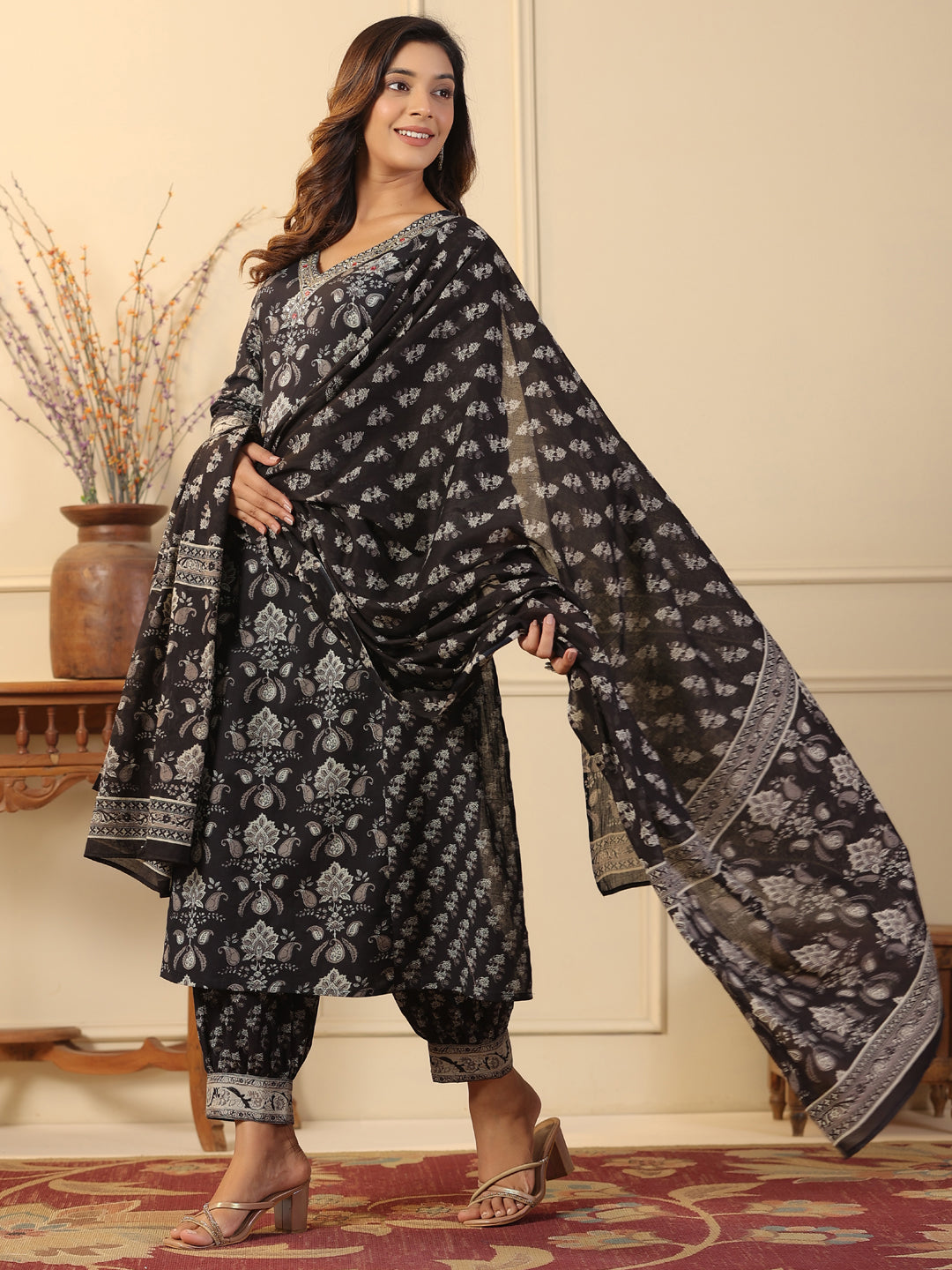 Straight Style Cotton Fabric Black Color Kurta And Bottom With Dupatta
