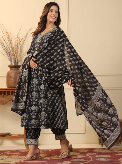 Straight Style Cotton Fabric Black Color Kurta And Bottom With Dupatta