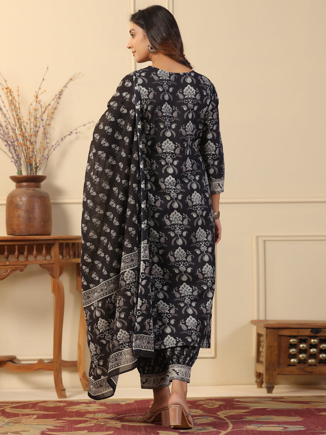 Straight Style Cotton Fabric Black Color Kurta And Bottom With Dupatta