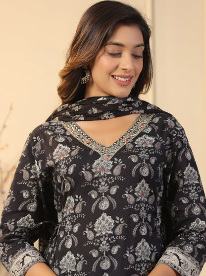 Straight Style Cotton Fabric Black Color Kurta And Bottom With Dupatta