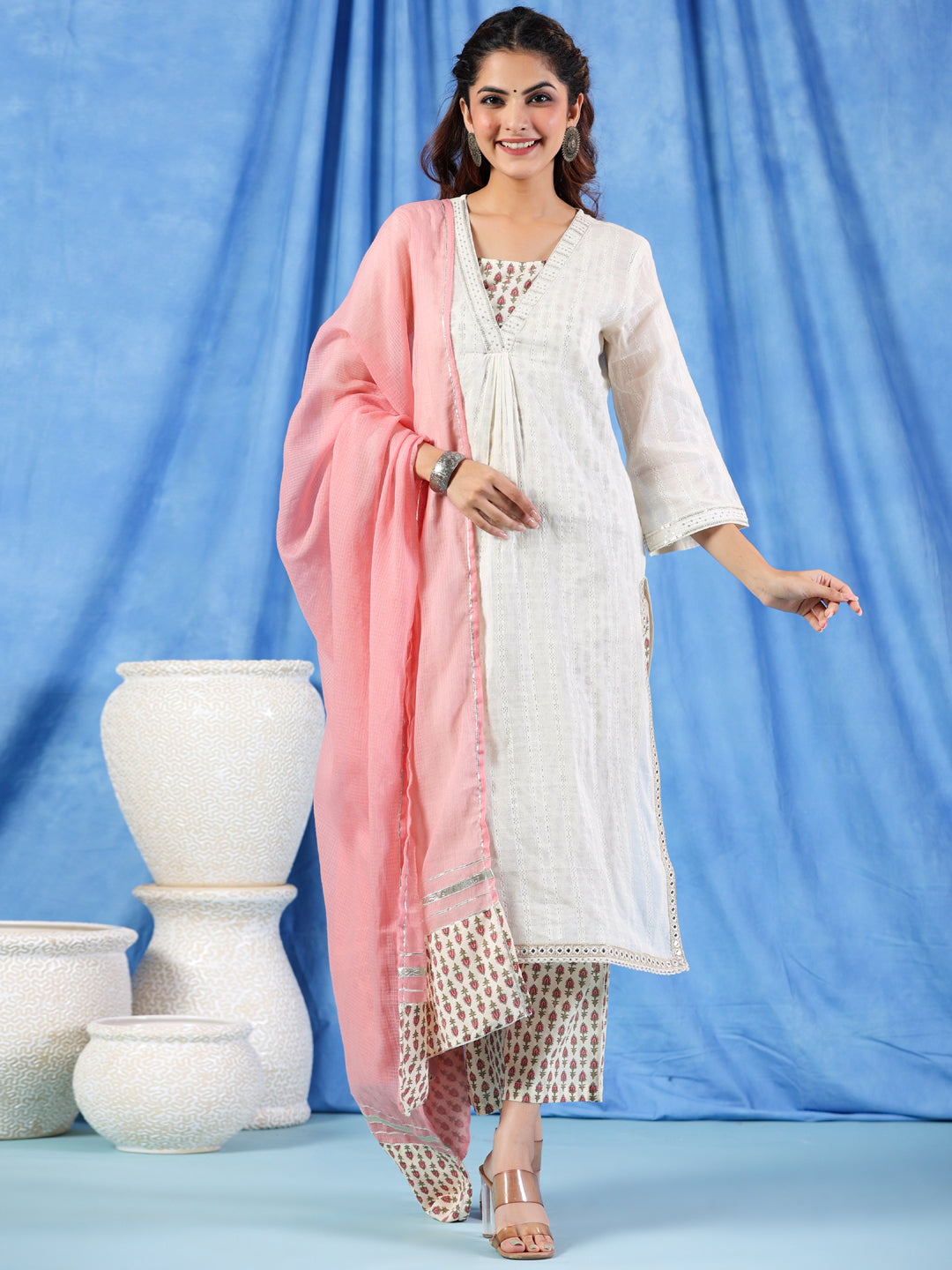 Straight Style Cotton Fabric Off White Color Kurta And Bottom With Dupatta