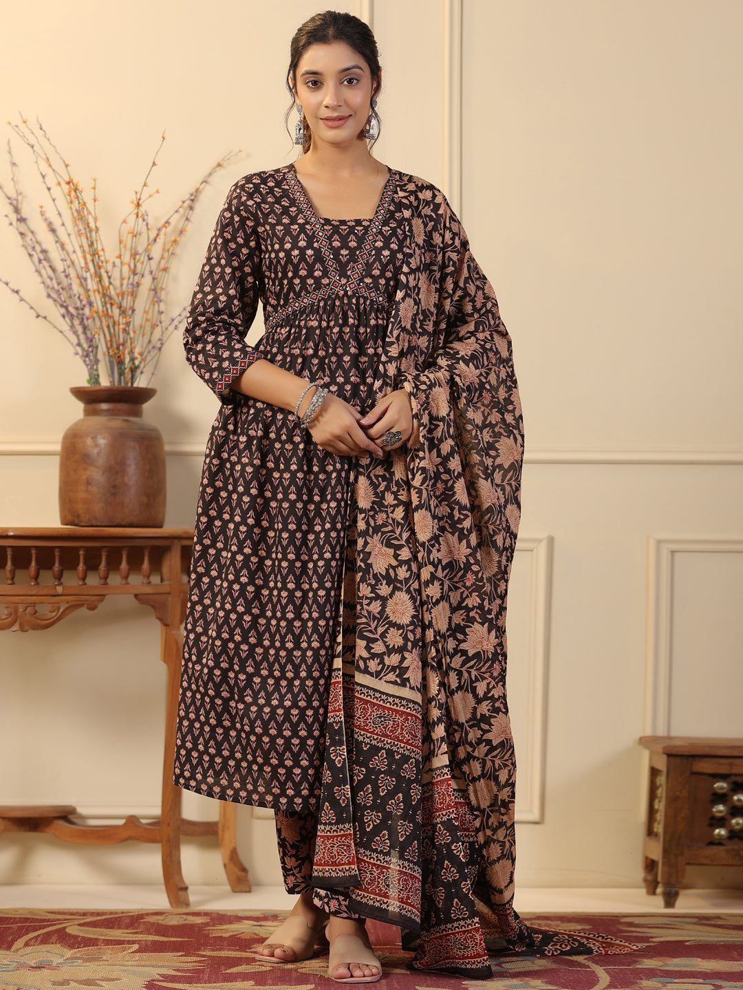 Flared Style Cotton Fabric Black Color Kurta And Bottom With Dupatta