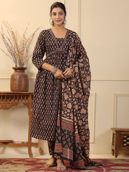 Flared Style Cotton Fabric Black Color Kurta And Bottom With Dupatta