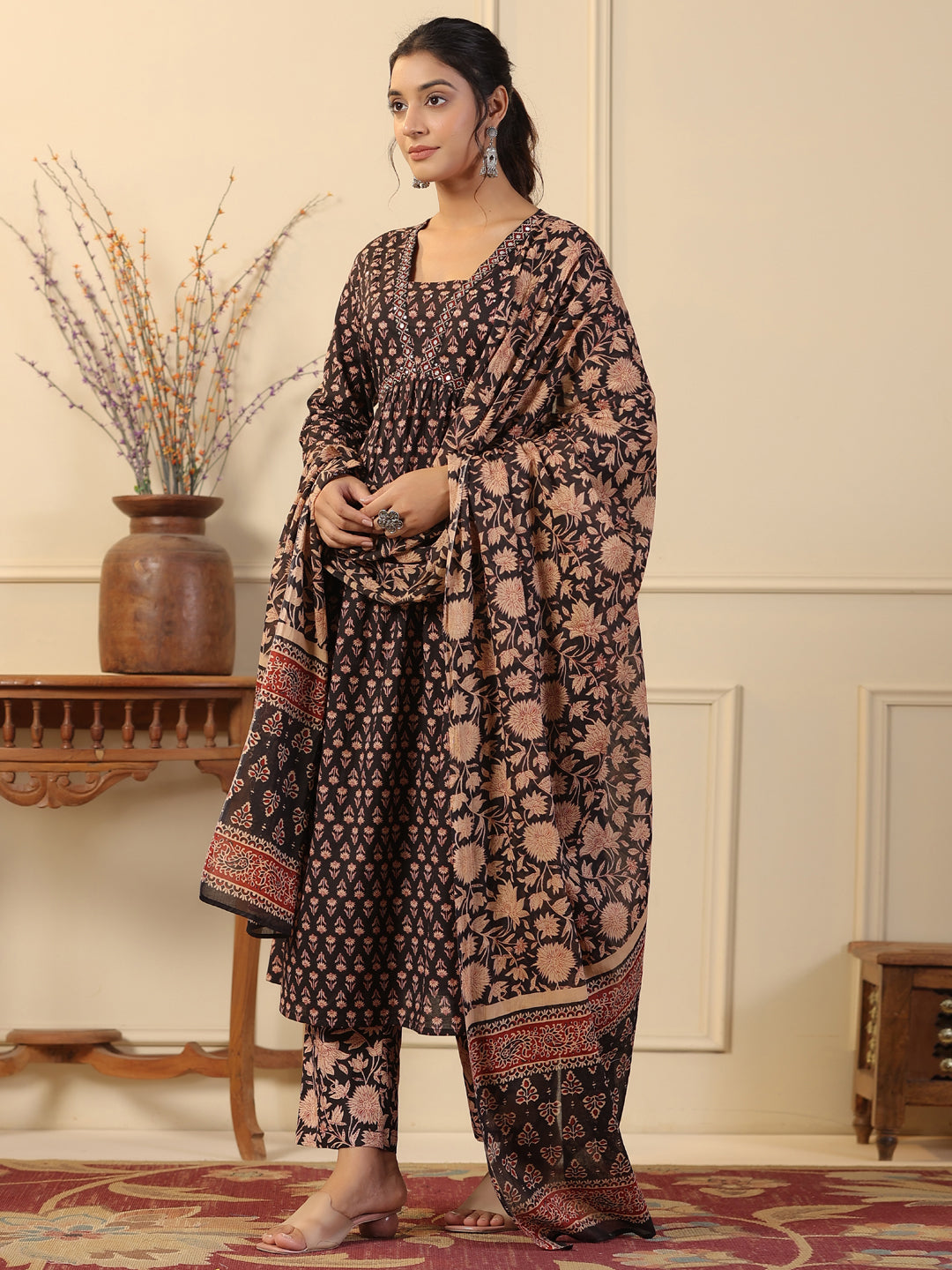 Flared Style Cotton Fabric Black Color Kurta And Bottom With Dupatta