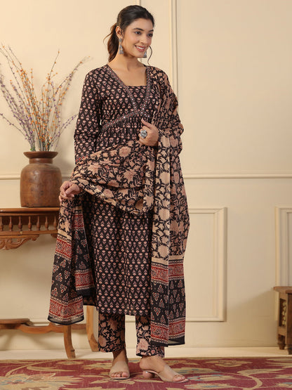 Flared Style Cotton Fabric Black Color Kurta And Bottom With Dupatta