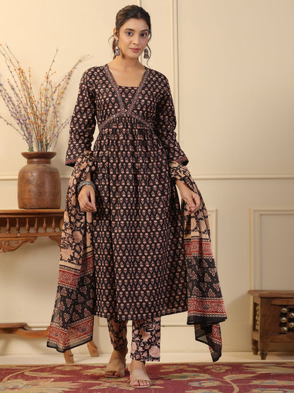 Flared Style Cotton Fabric Black Color Kurta And Bottom With Dupatta