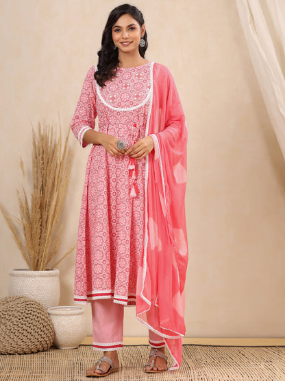 Anarkali Style Cotton Fabric Pink Color Kurta And Bottom With Dupatta