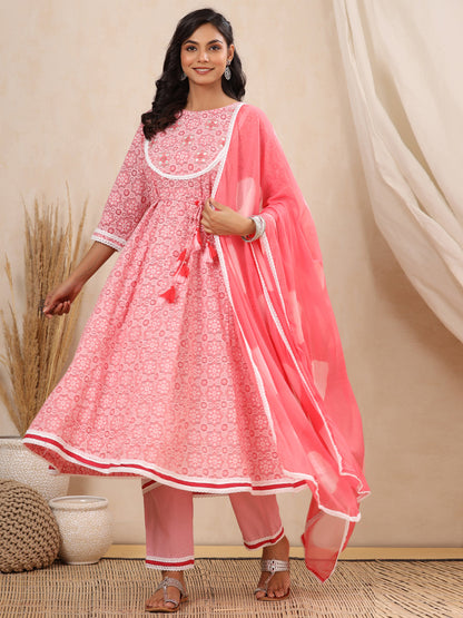 Anarkali Style Cotton Fabric Pink Color Kurta And Bottom With Dupatta