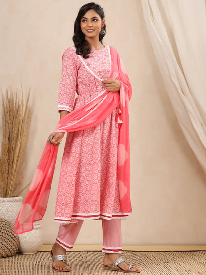 Anarkali Style Cotton Fabric Pink Color Kurta And Bottom With Dupatta