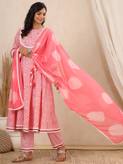 Anarkali Style Cotton Fabric Pink Color Kurta And Bottom With Dupatta