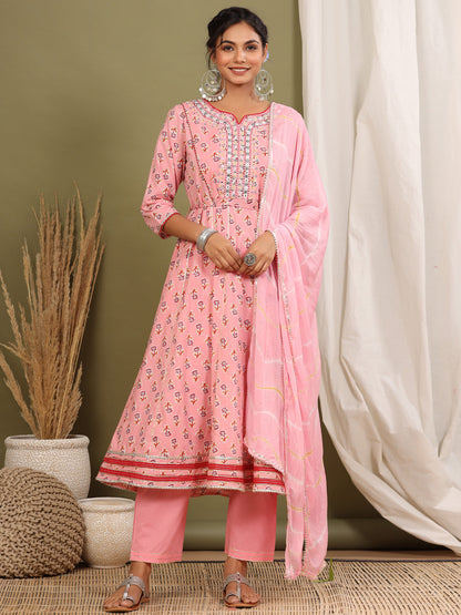 Anarkali Style Cotton Fabric Pink Color Kurta And Bottom With Dupatta