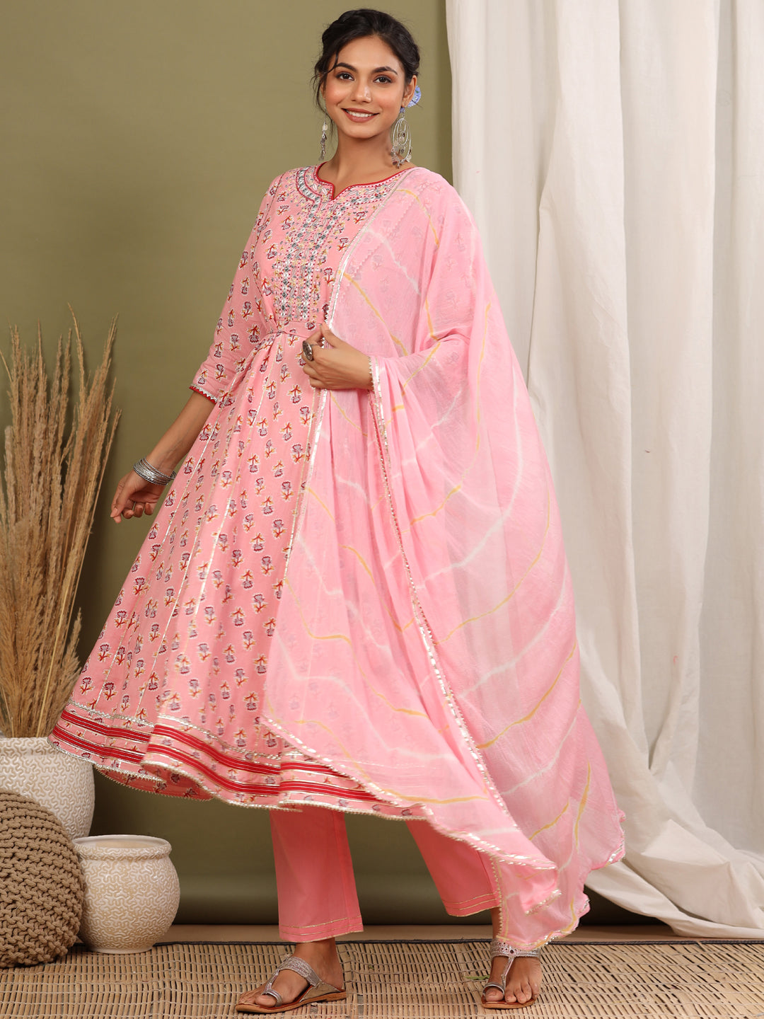 Anarkali Style Cotton Fabric Pink Color Kurta And Bottom With Dupatta
