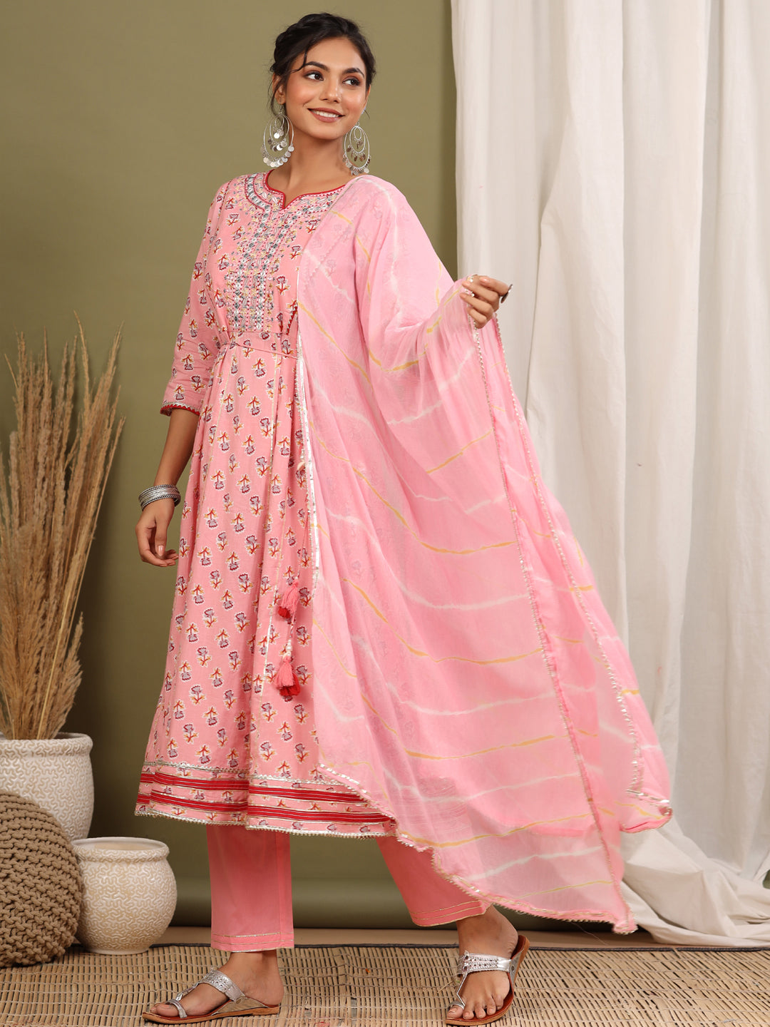 Anarkali Style Cotton Fabric Pink Color Kurta And Bottom With Dupatta