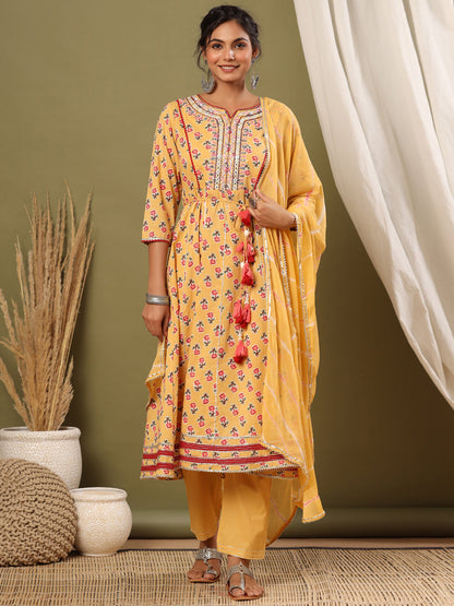 Anarkali Style Cotton Fabric Yellow Color Kurta And Bottom With Dupatta