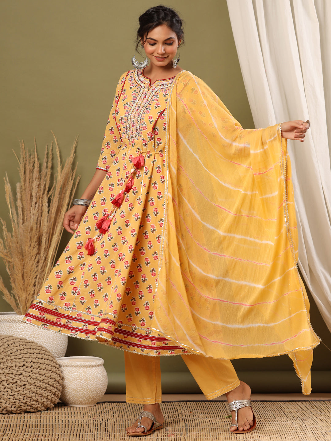 Anarkali Style Cotton Fabric Yellow Color Kurta And Bottom With Dupatta