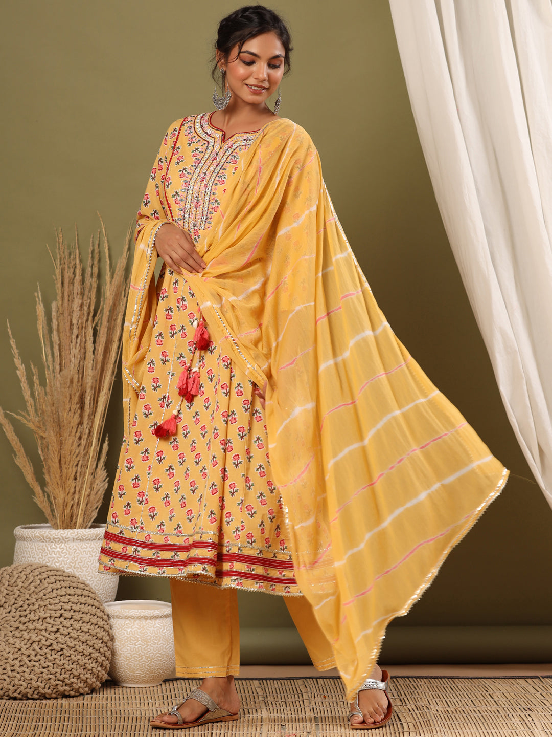 Anarkali Style Cotton Fabric Yellow Color Kurta And Bottom With Dupatta