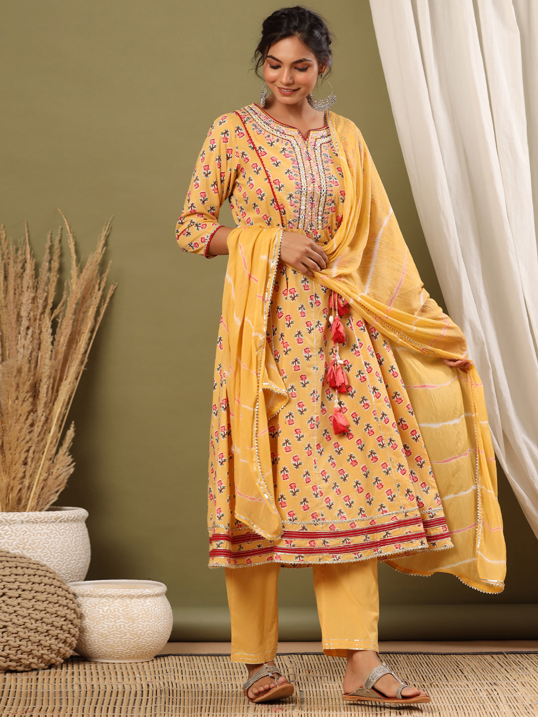 Anarkali Style Cotton Fabric Yellow Color Kurta And Bottom With Dupatta