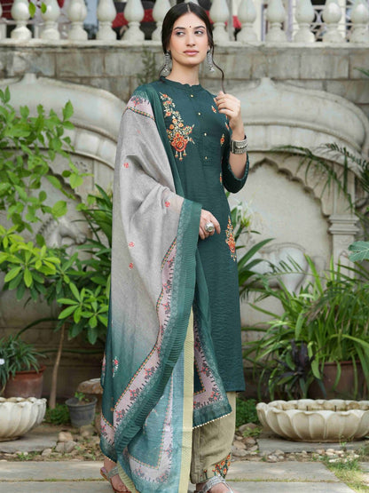 Bottle Green Mono Viscose Festive Wear Embroidered Straight Kurta Pant Dupatta Set