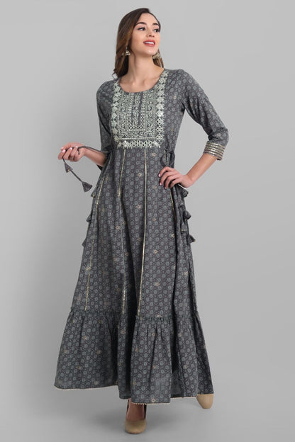 Grey Rayon Festive Wear Embroidered Tiered Long Dress