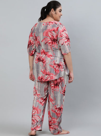 Plus Size Women Grey Printed Night Suit With Half Sleeves