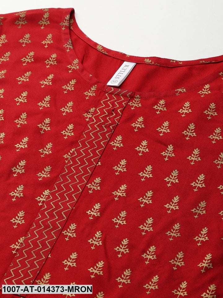 Gold Print Rayon Long Anarkali Kurta (Maroon)