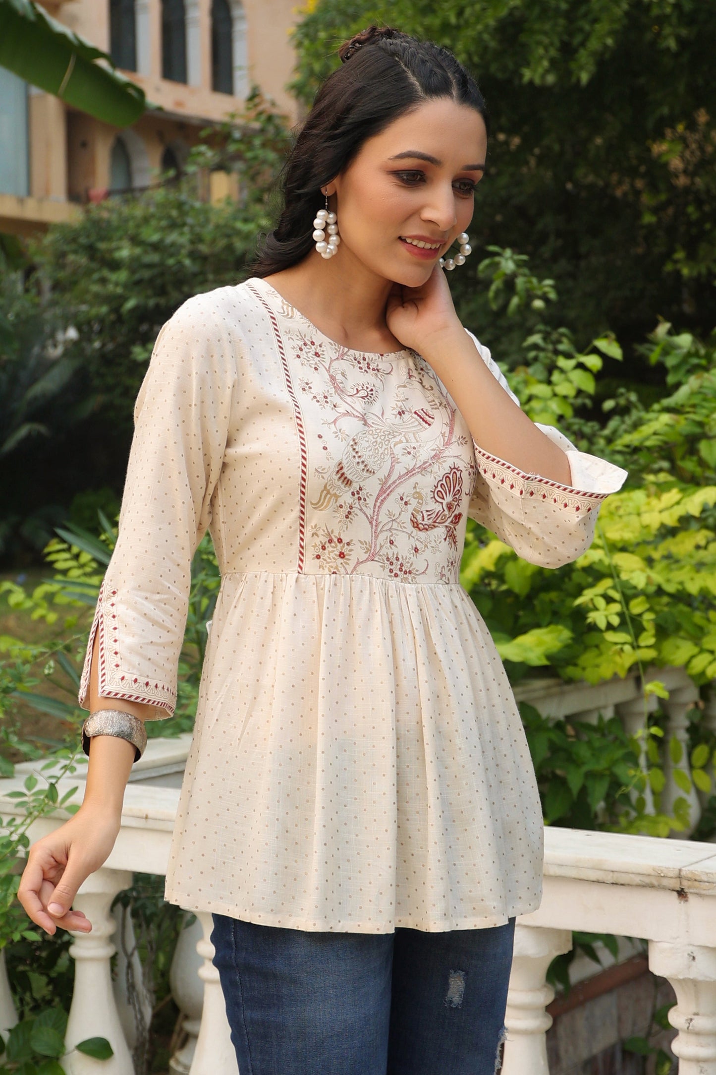 Ivory Rayon Slub Polka Print Peplum Tunic