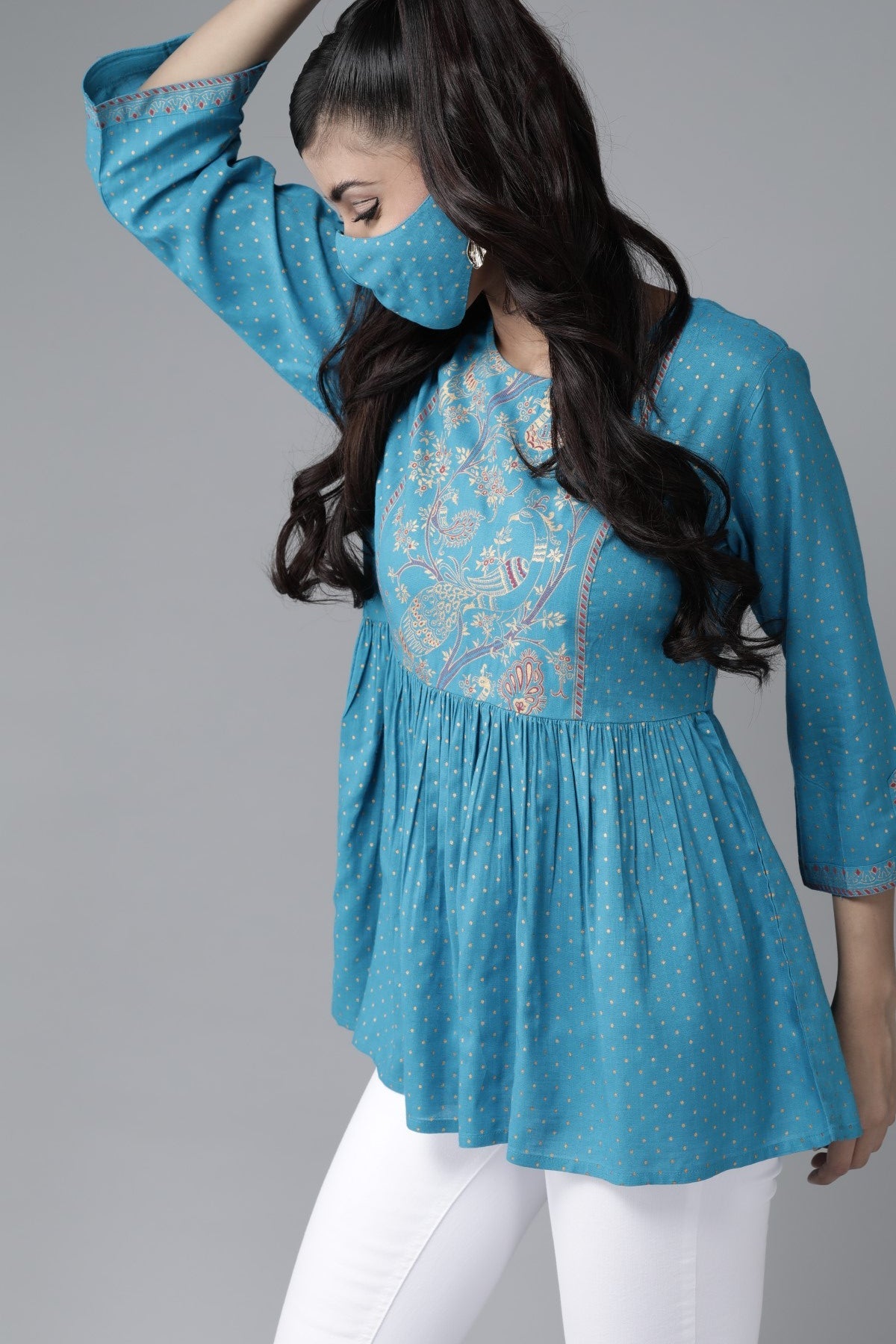 Skyblue Rayon Slub Polka Print Peplum Tunic