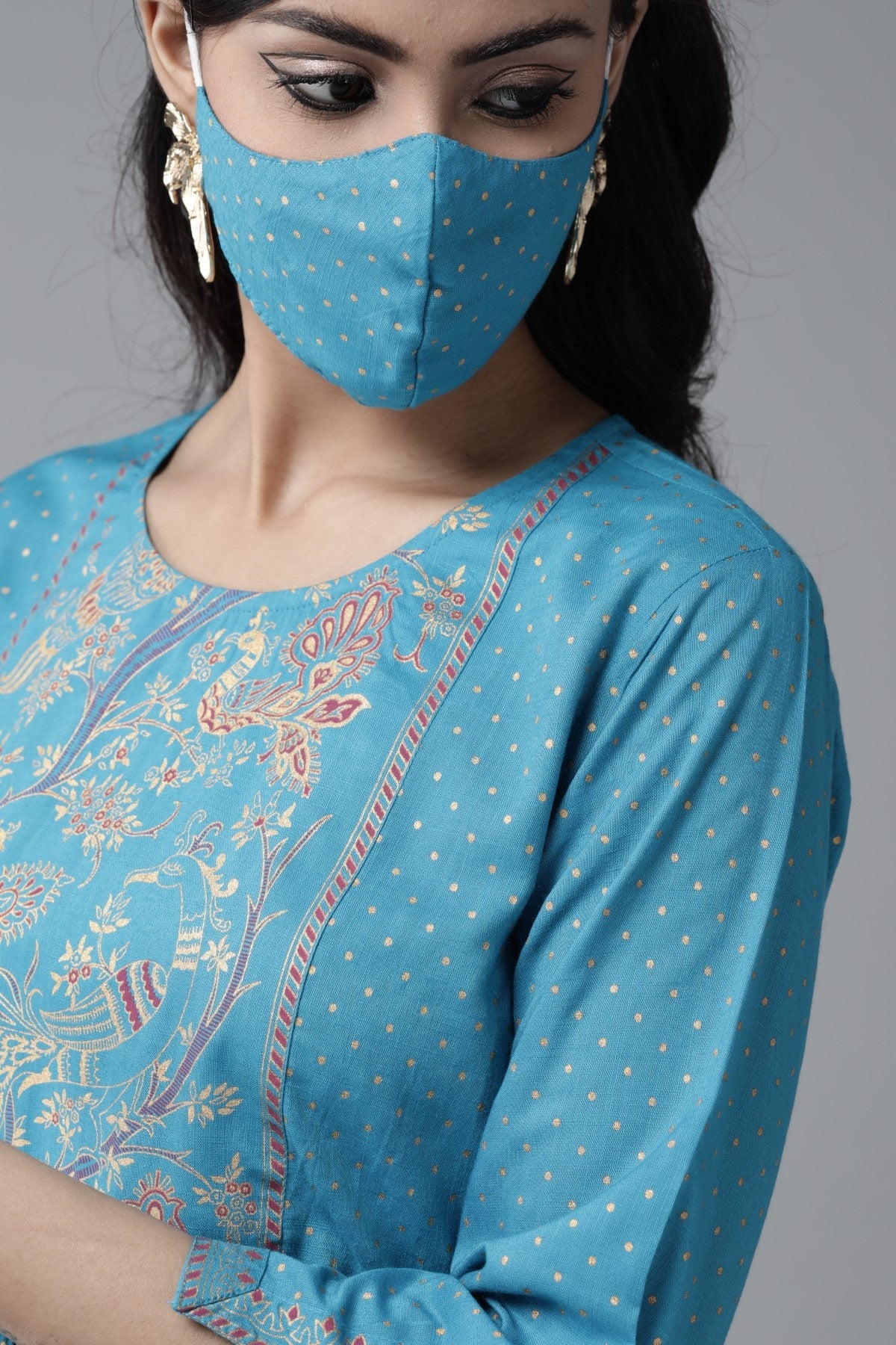 Skyblue Rayon Slub Polka Print Peplum Tunic