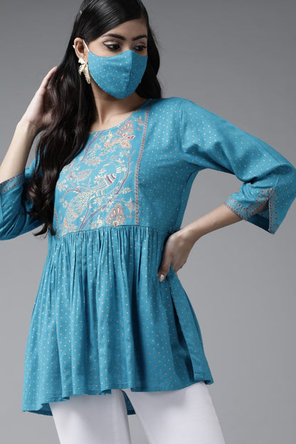 Skyblue Rayon Slub Polka Print Peplum Tunic
