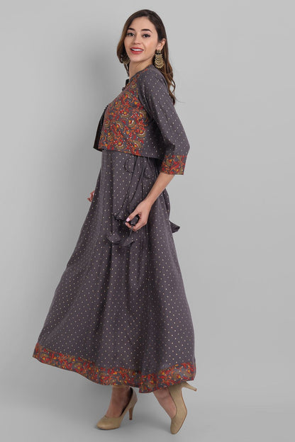 Grey Rayon Printed Flared Dress