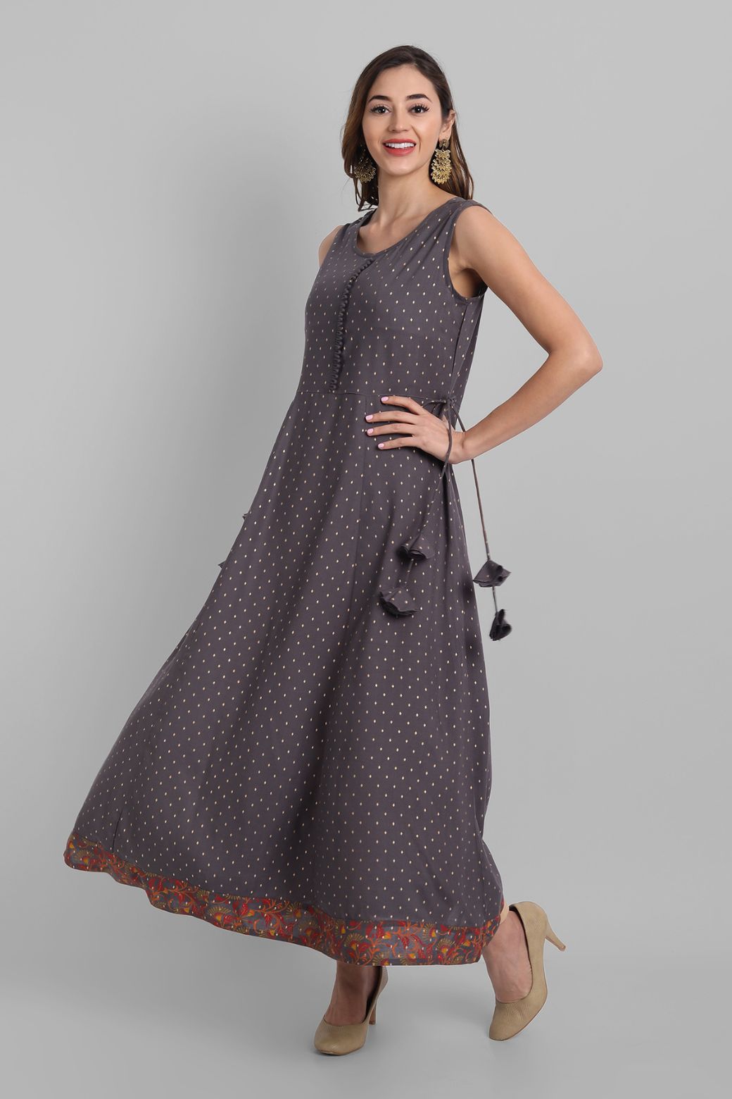 Grey Rayon Printed Flared Dress
