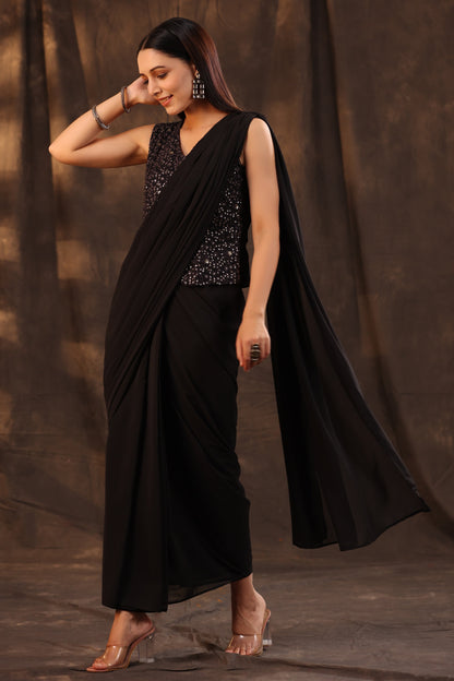 Black Georgette Embellished Saree Style Dress
