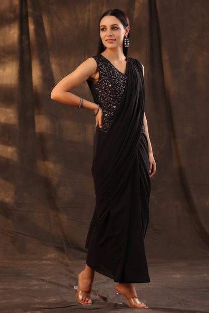 Black Georgette Embellished Saree Style Dress